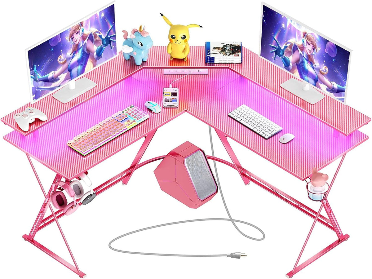 Pink L-Shaped Gaming Desk with LED Strip, Power Outlets, Monitor Stand, Cup Holder, Headphone Hook U4997