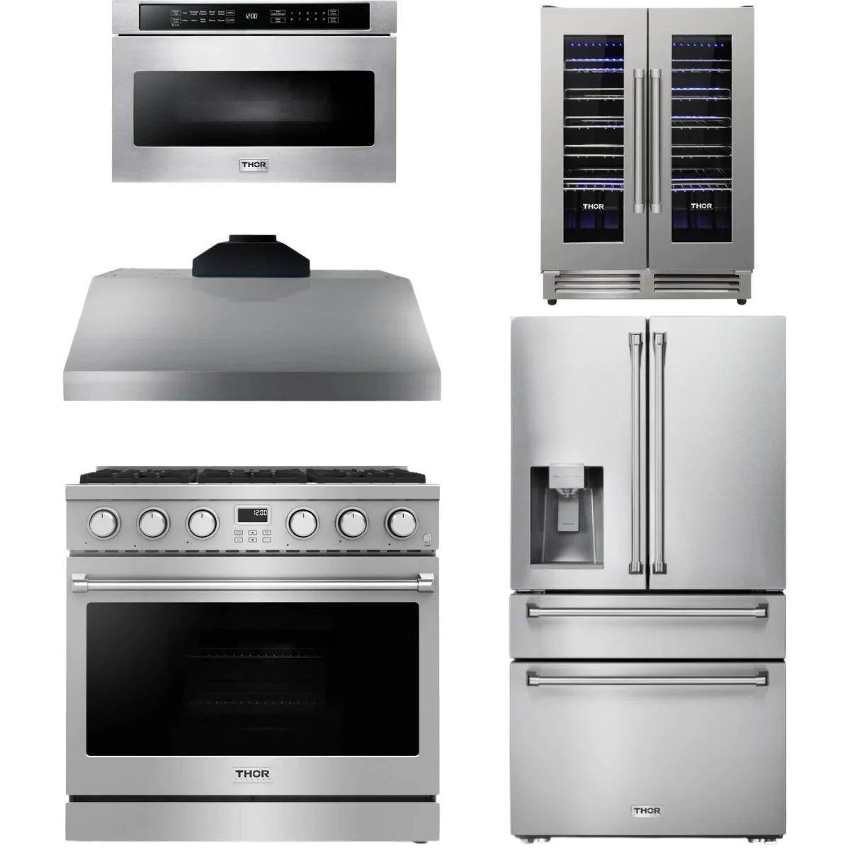 36 Gas Range, Range Hood, Refrigerator, Microwave and Wine Cooler N41695