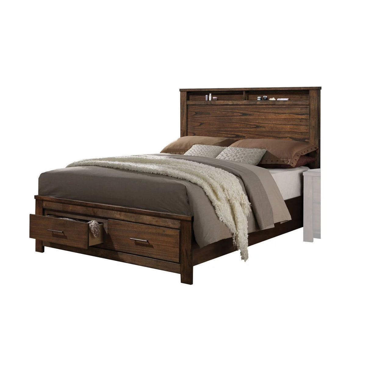 Brown Wooden Eastern King Size Bed with Shelves and Drawers G77815