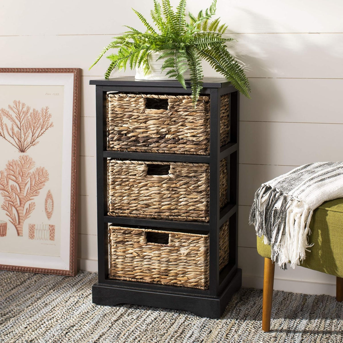 Distressed Black Wicker Basket Storage Side Table Q159716