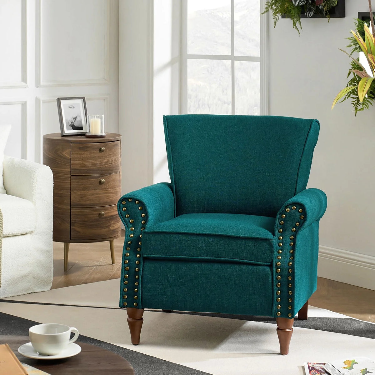 Teal Upholstered Accent Chair with Turned Wooden Legs and Nailhead Trim P888