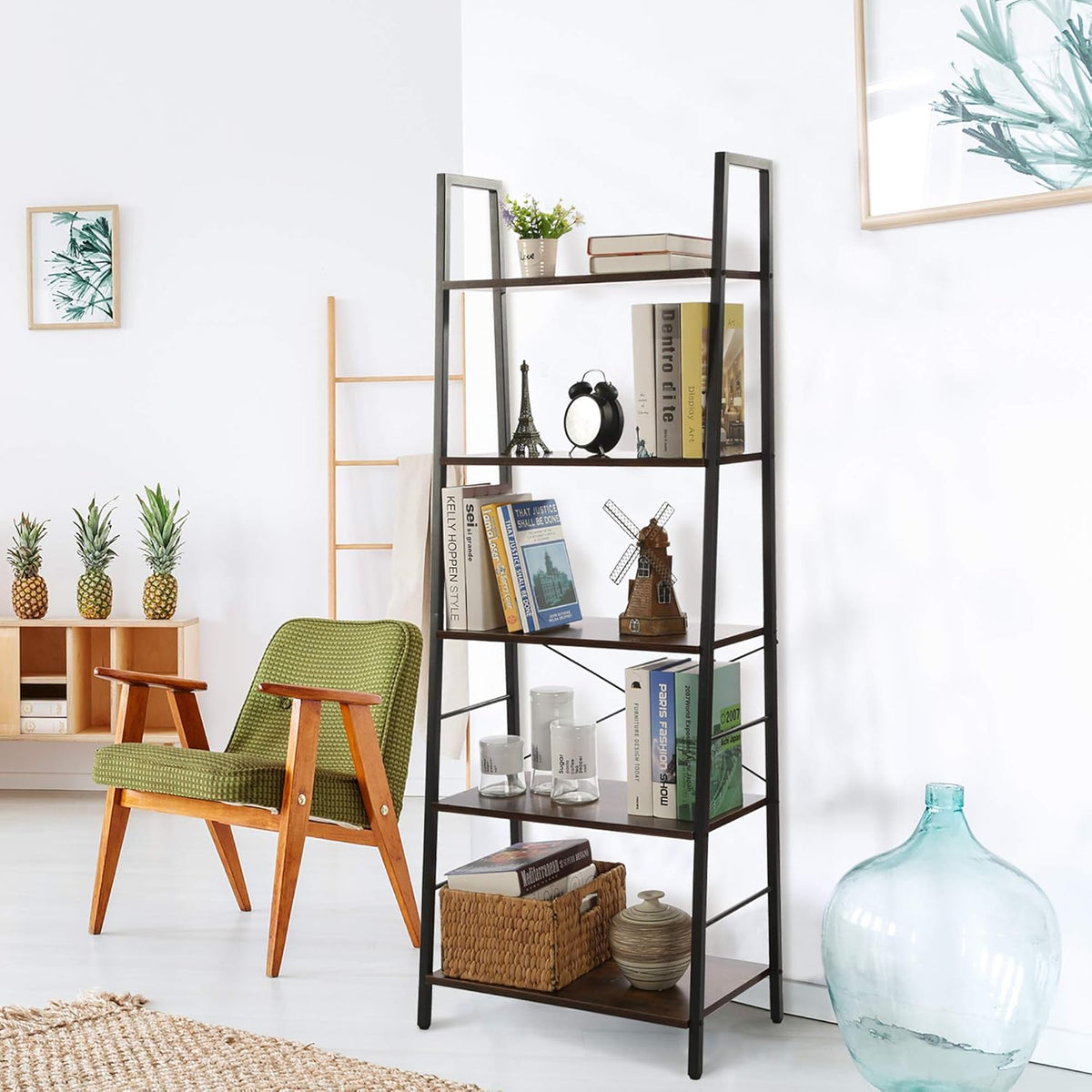 5-Tier Industrial Wood Ladder Shelf D363
