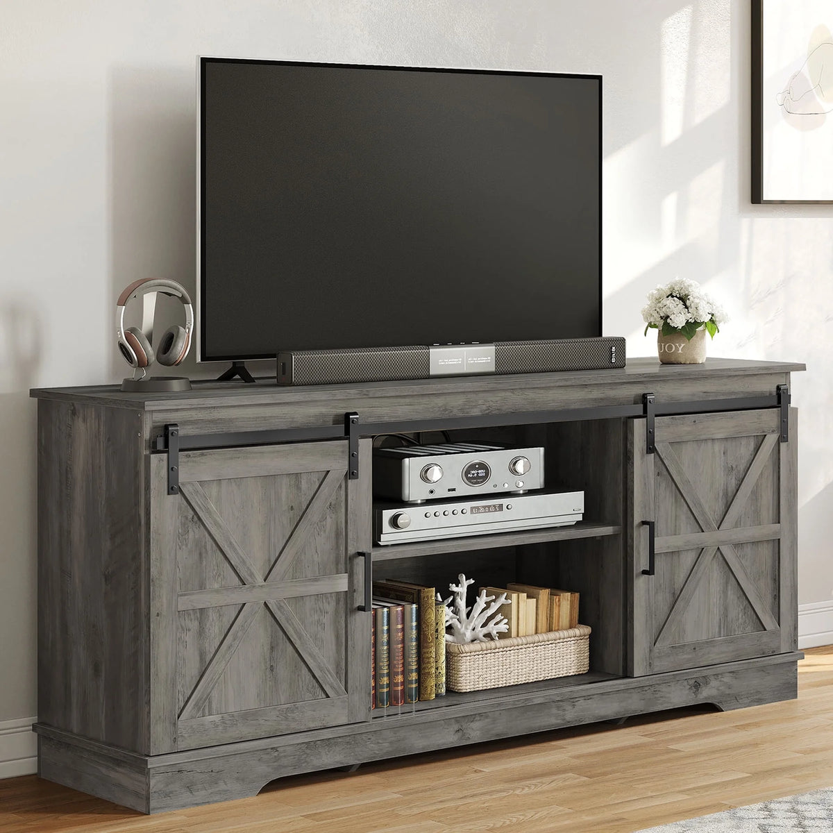 Farmhouse TV Stand for 65 inch TV with Double Barn Doors W115