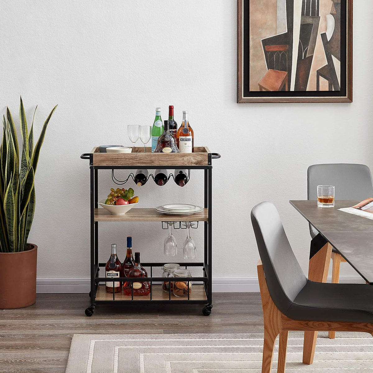 Walnut Wood Metal Bar Serving Cart R62837