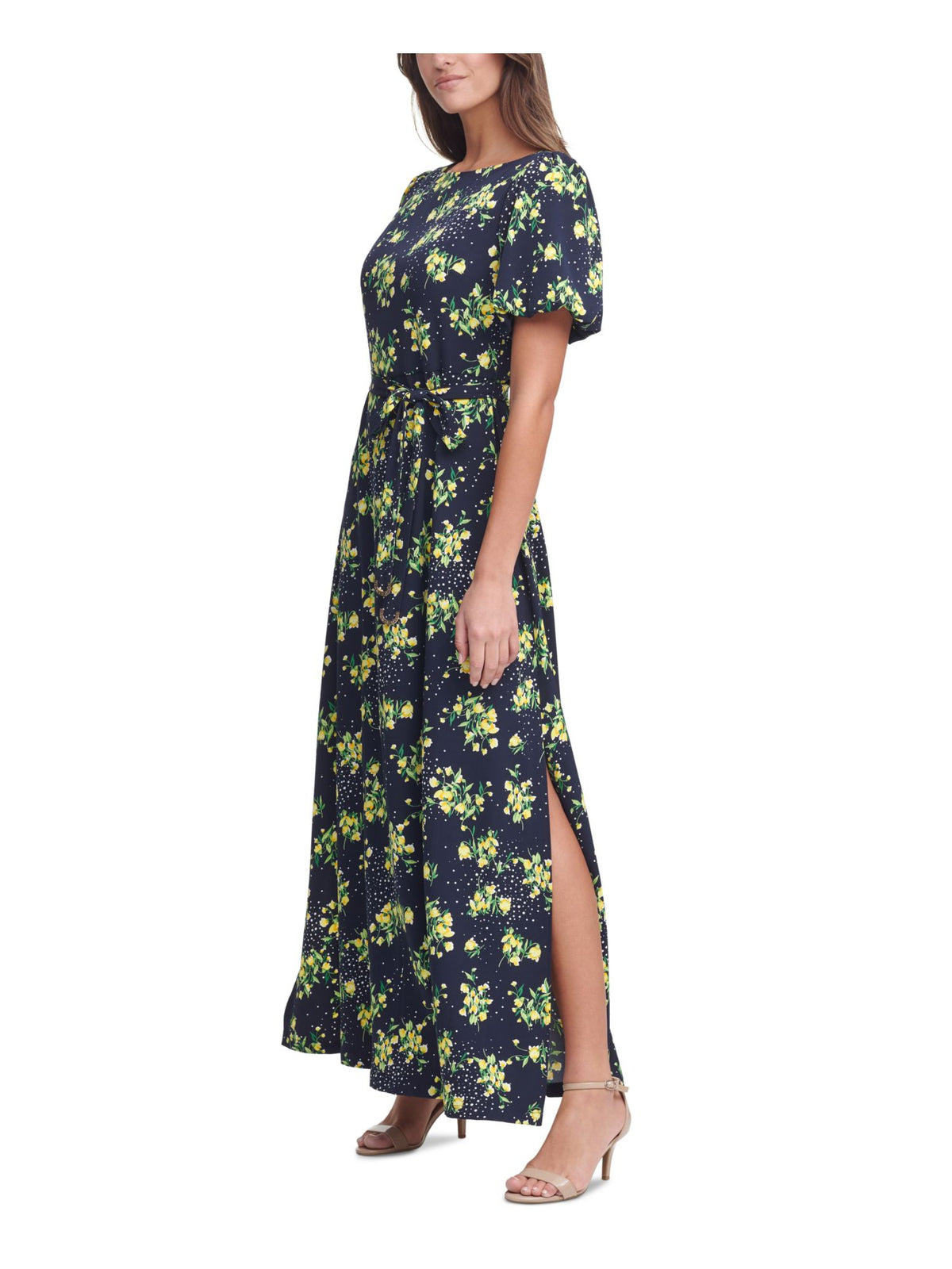 Navy Stretch Floral Short Sleeve Boat Neck Maxi Dress 12 F313947