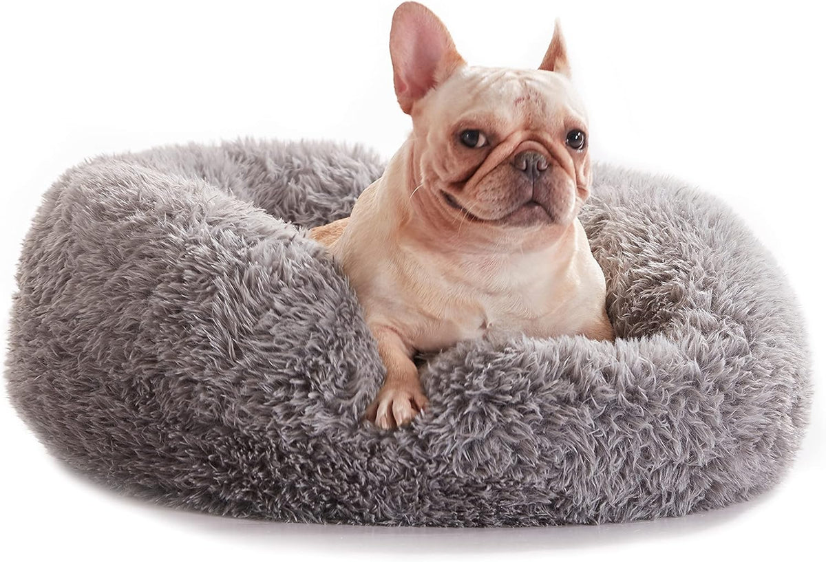 Waterproof Fluffy Round Dog Bed, 23/30/34 inches Anti-Slip Soft Fur Donut Cuddler Pet Cushion Bed Q540