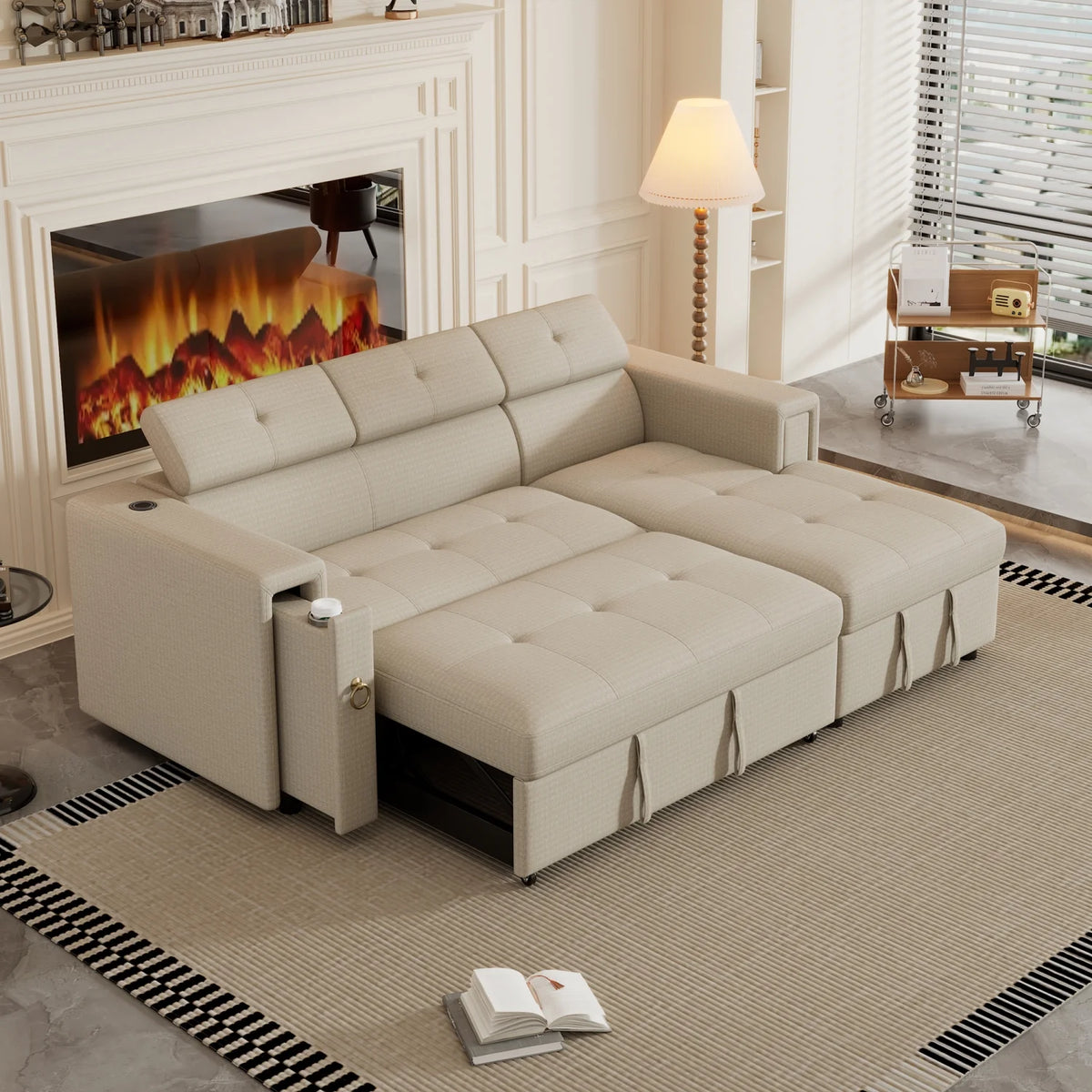 Beige L Shaped Sleeper Sofa with Storage and Cup Holder R666730