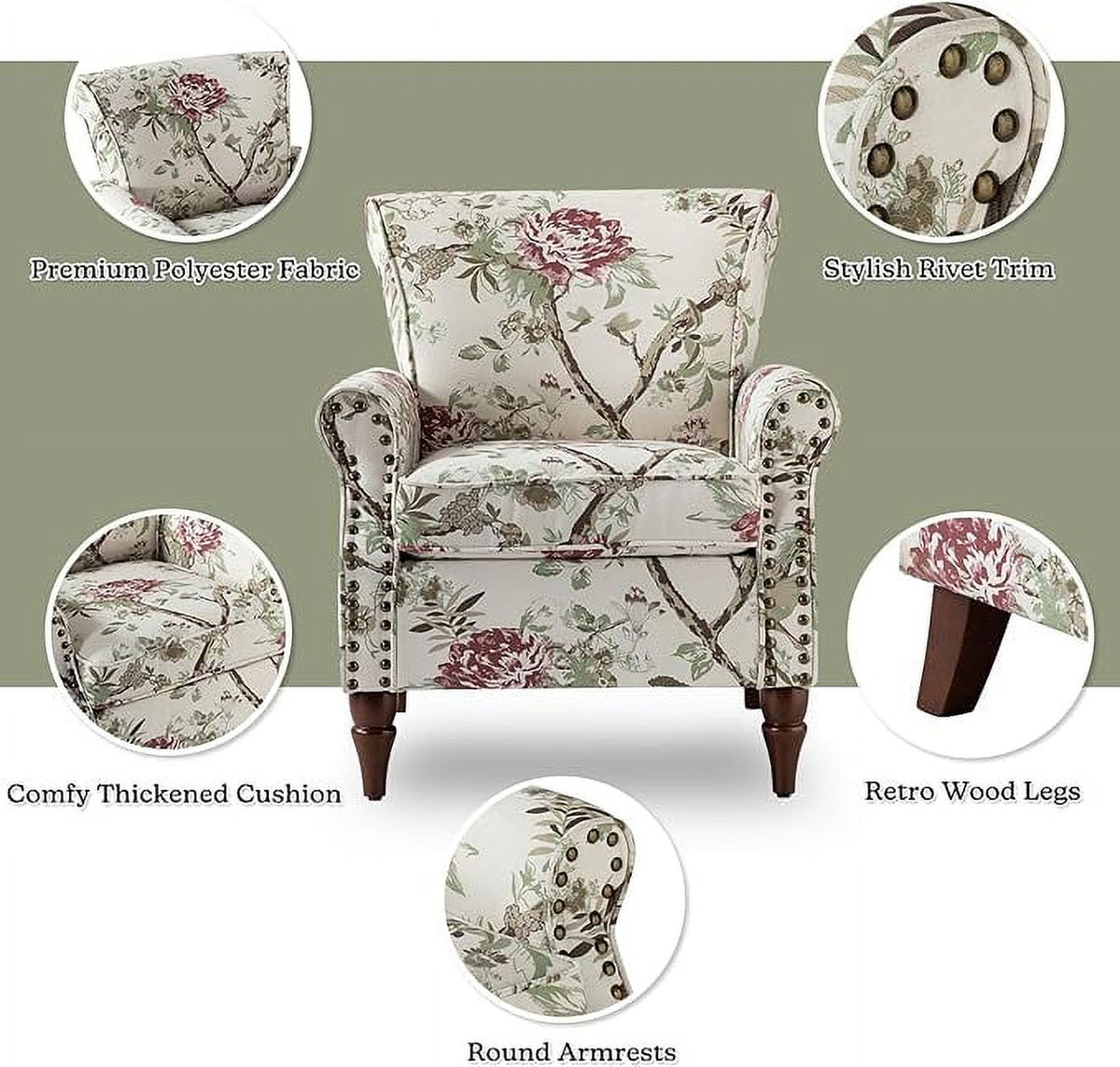 Wooden Upholstered Accent Chair Set of 2 with Removable Cushion Wingback Floral Lounge Sofa Set Nailhead Trim X374929