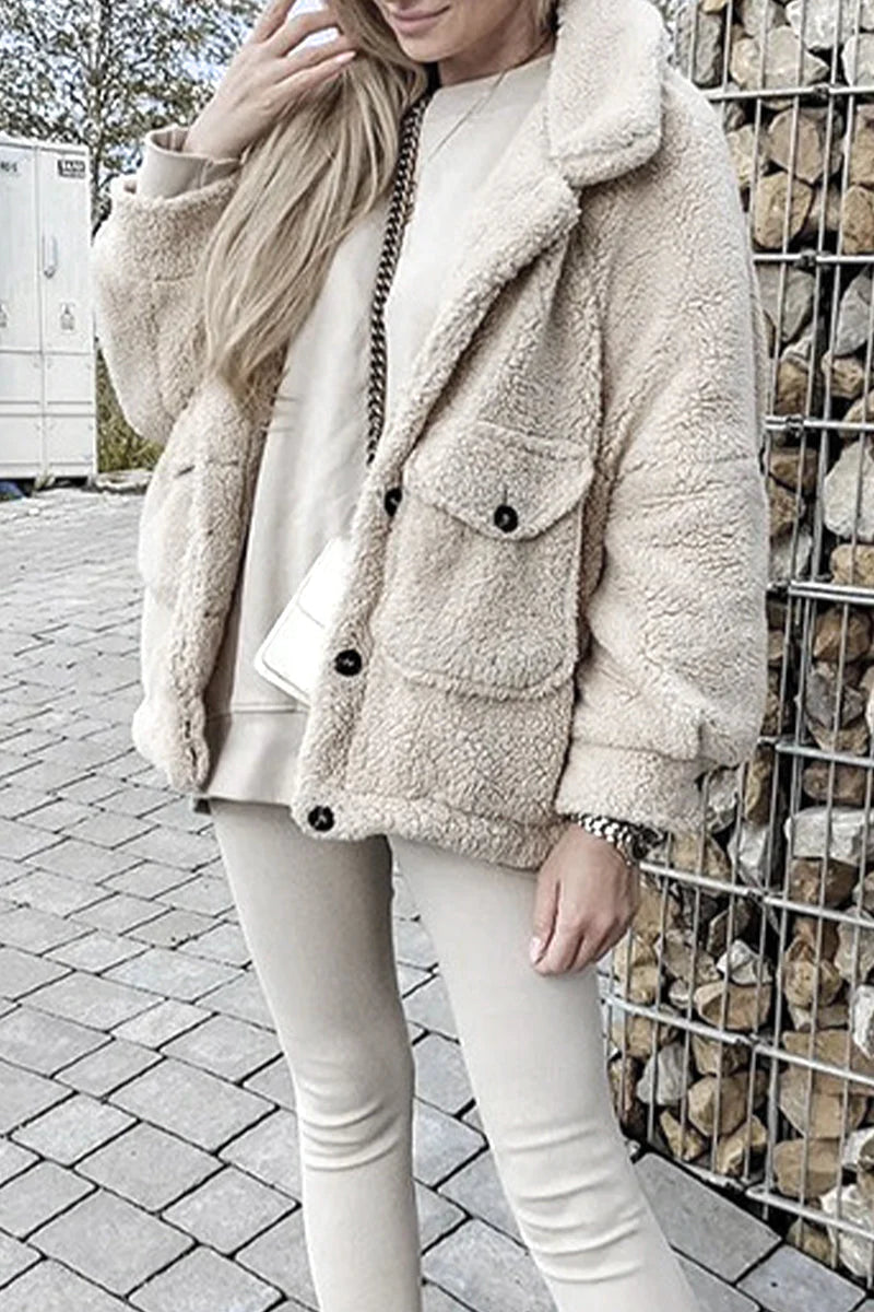 Solid Pocket Turndown Collar Outerwear X108