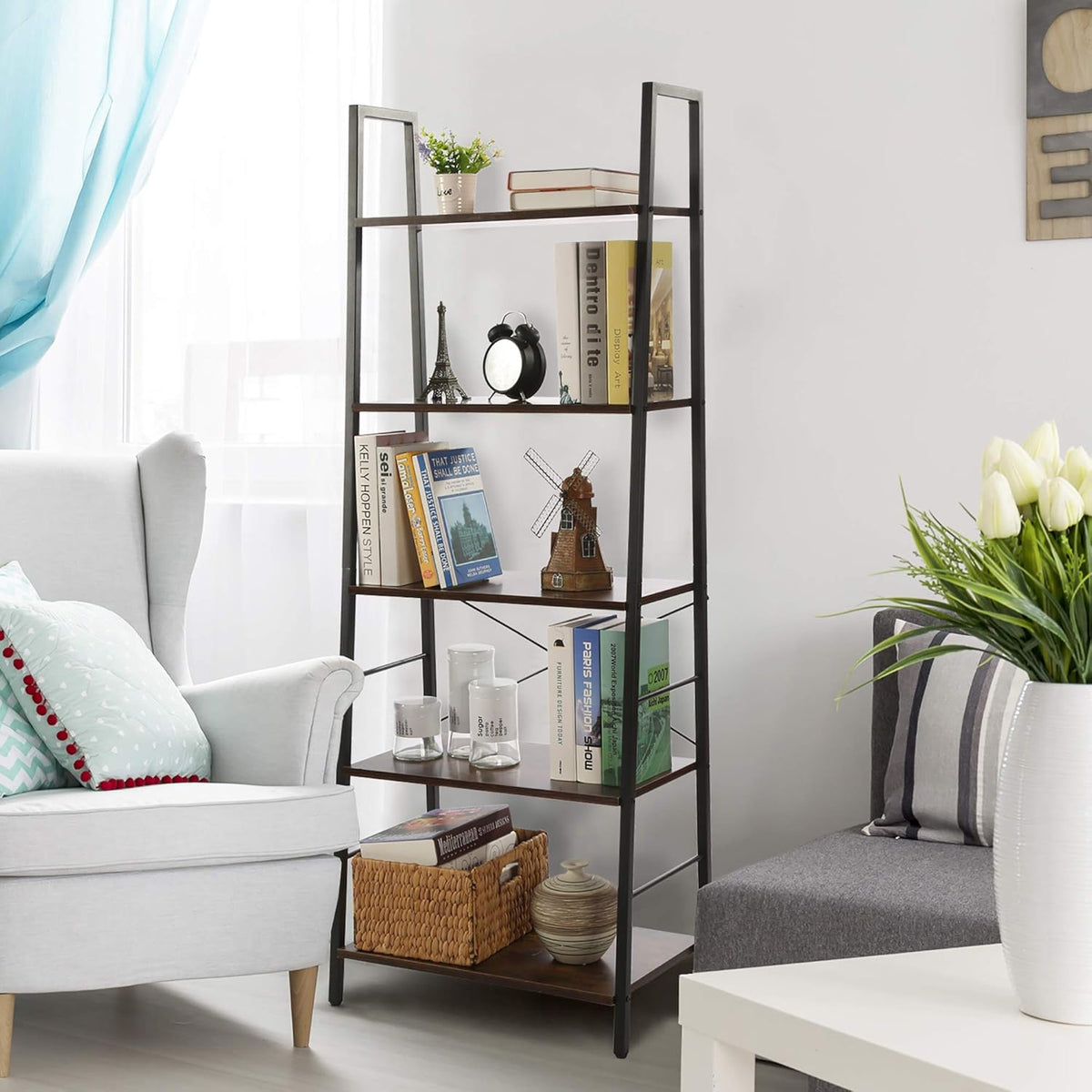 5-Tier Industrial Wood Ladder Shelf D363