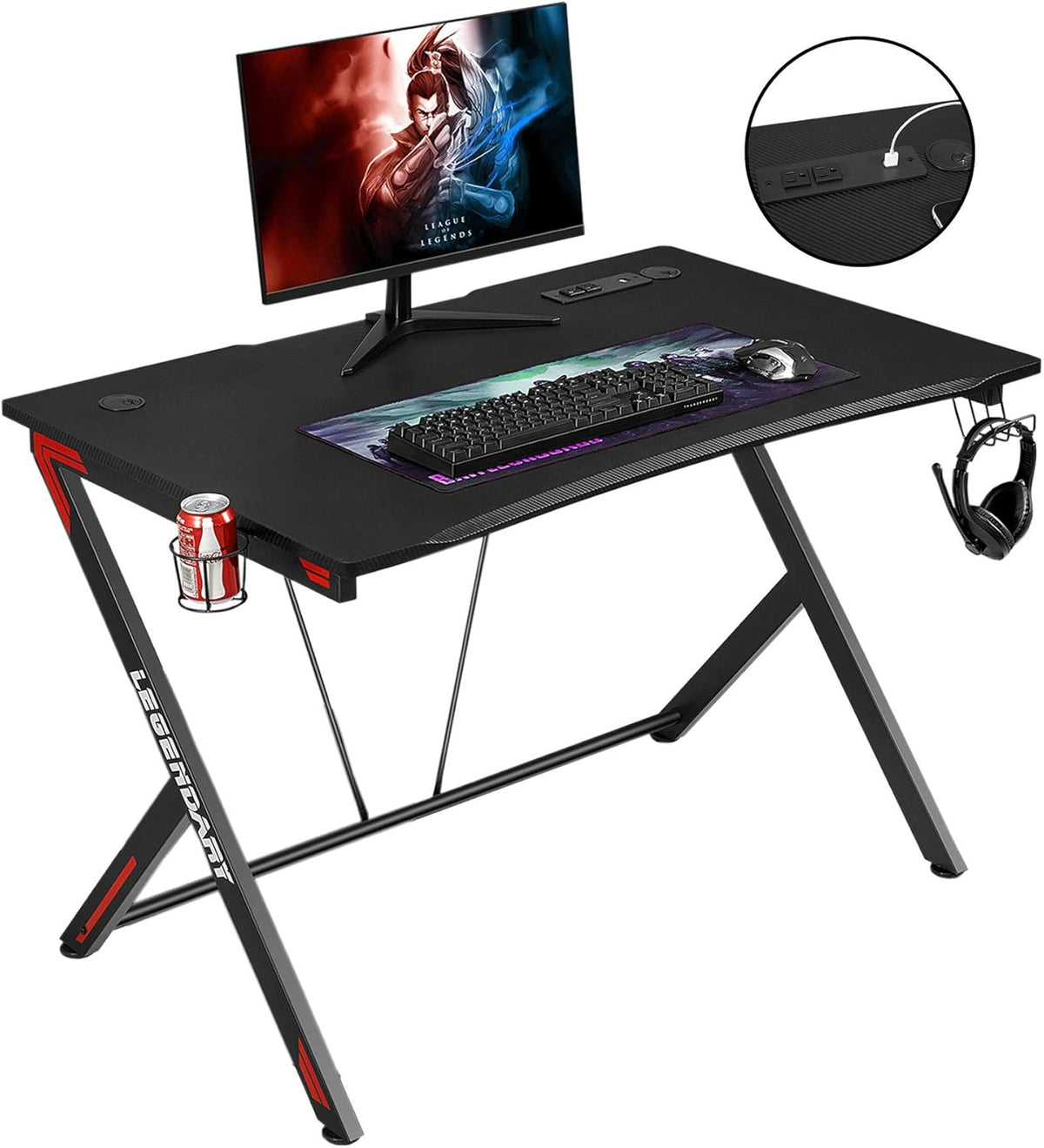 45 inch Carbon Fiber Gaming Desk with Headphone Hook, Cup Holder and Cable Management Holes G88012