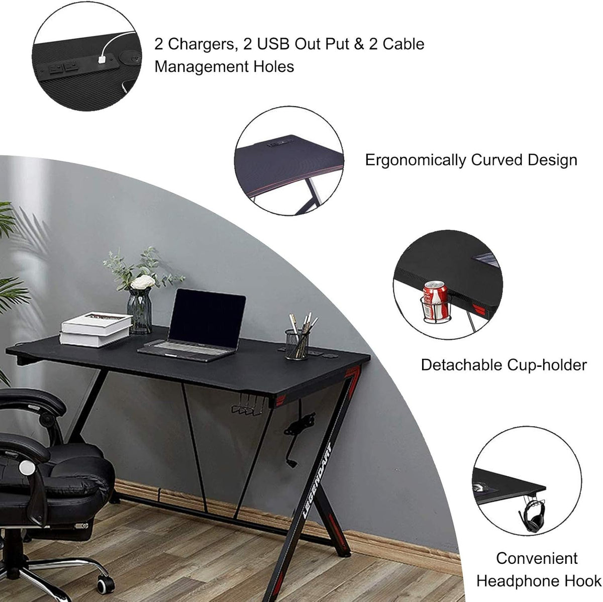 45 inch Carbon Fiber Gaming Desk with Headphone Hook, Cup Holder and Cable Management Holes G88012