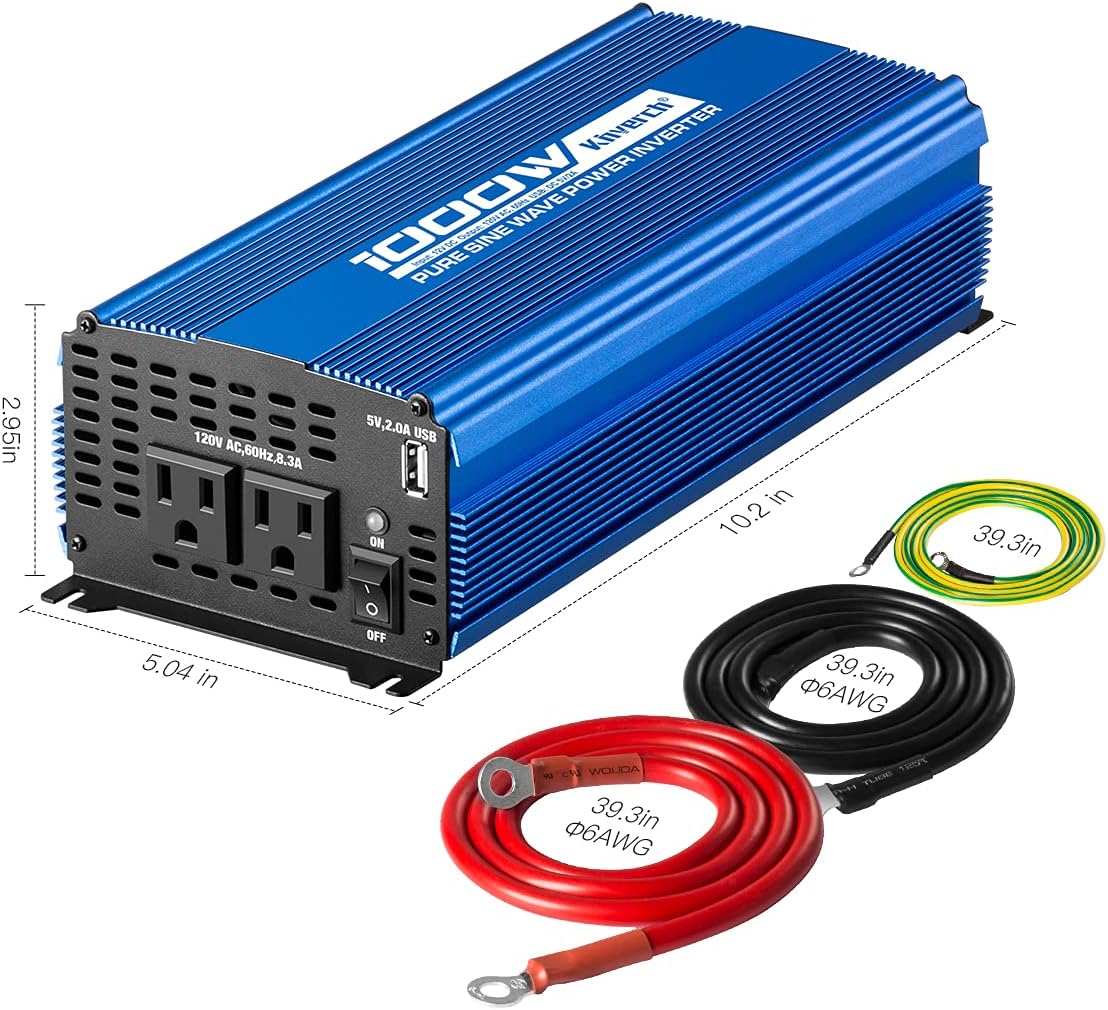 Pure Sine Wave Inverter 1000W DC 12V to AC 110V with Dual AC Outlets & 2A USB Ports X6371