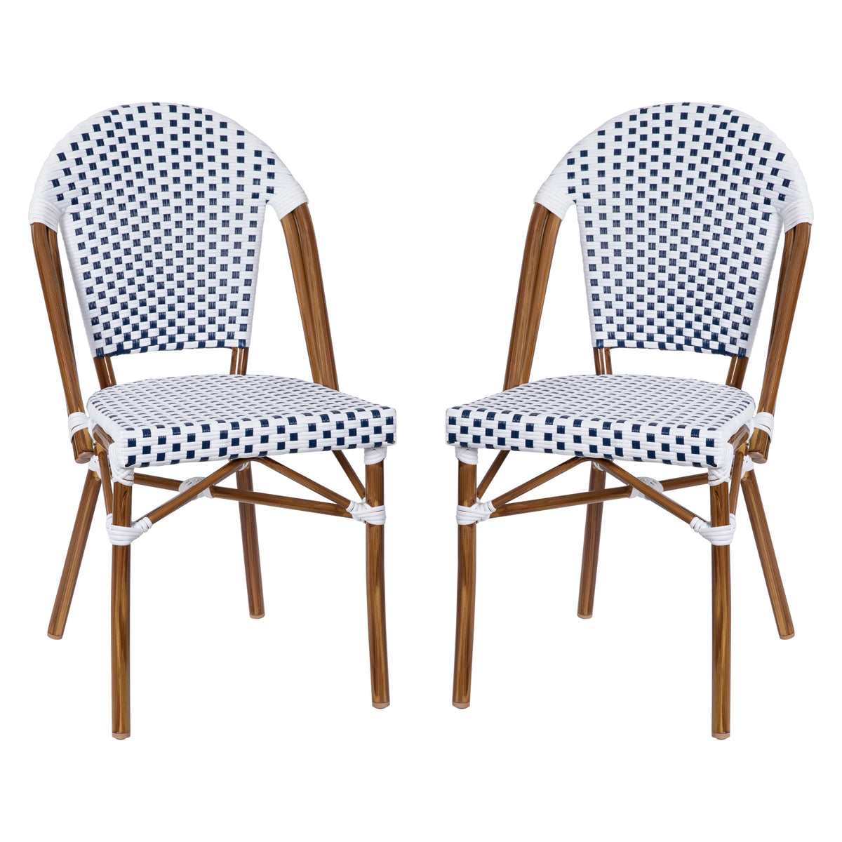 Set of Two Stacking Bistro Chairs with White and Navy Patterned Seats and Backs K16834