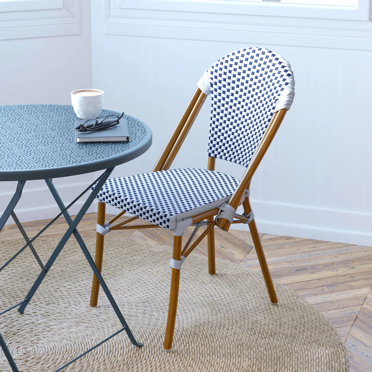 Set of Two Stacking Bistro Chairs with White and Navy Patterned Seats and Backs K16834
