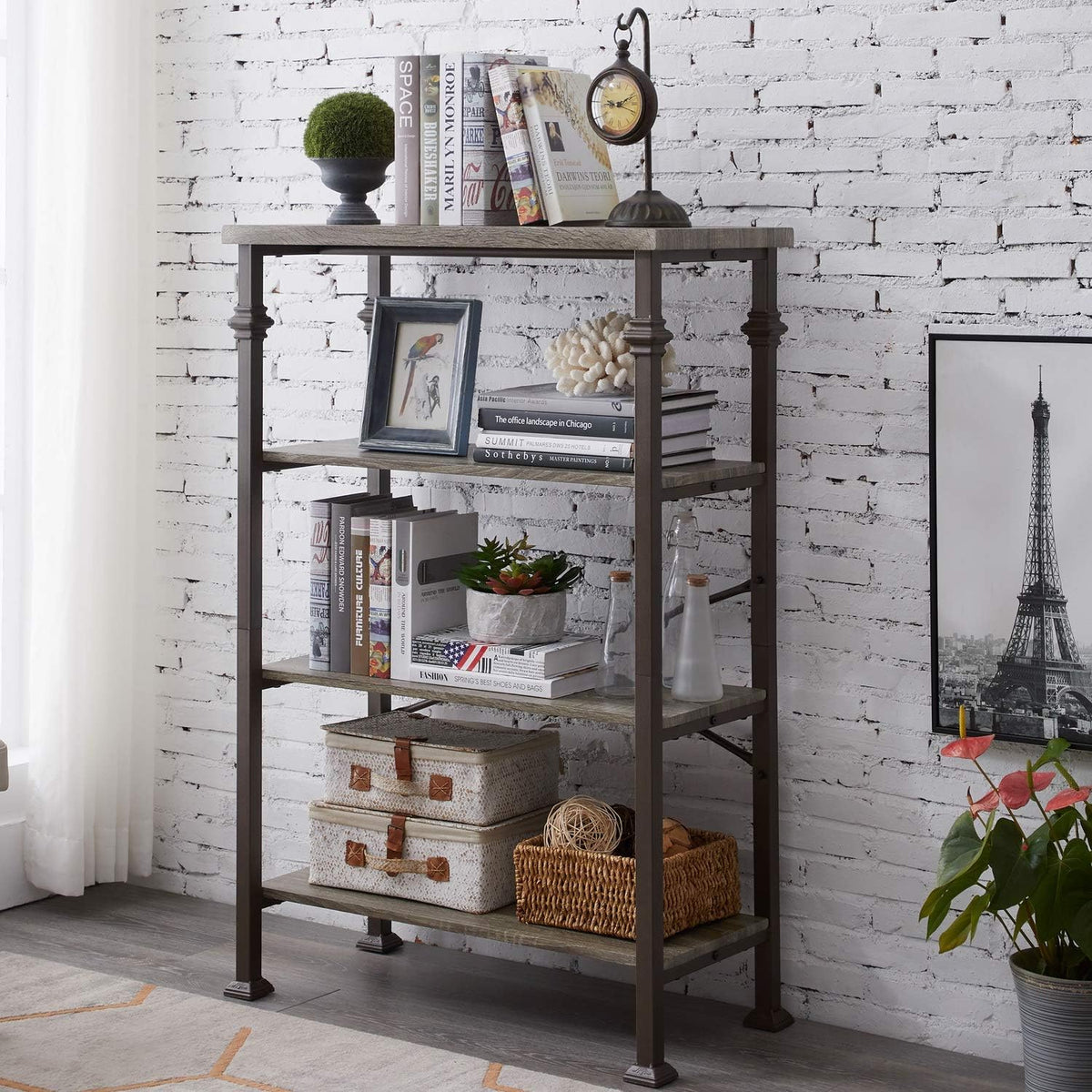 4-Tier Industrial Ladder Shelf Bookcase with Metal Frame N123