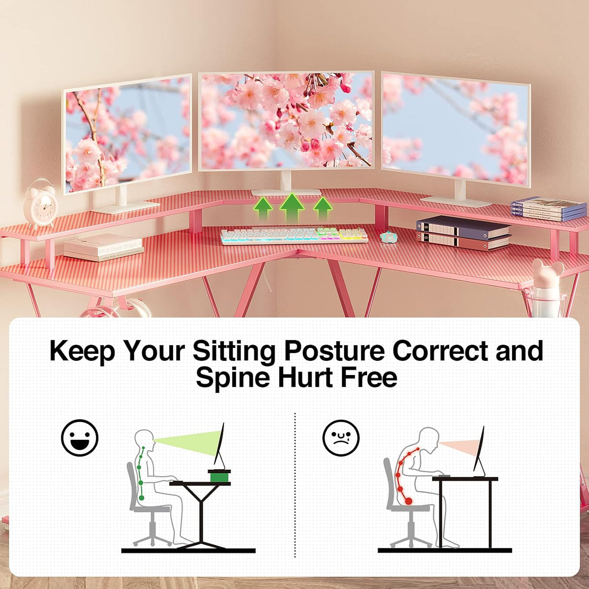 Pink L-Shaped Gaming Desk with LED Strip, Power Outlets, Monitor Stand, Cup Holder, Headphone Hook U4997
