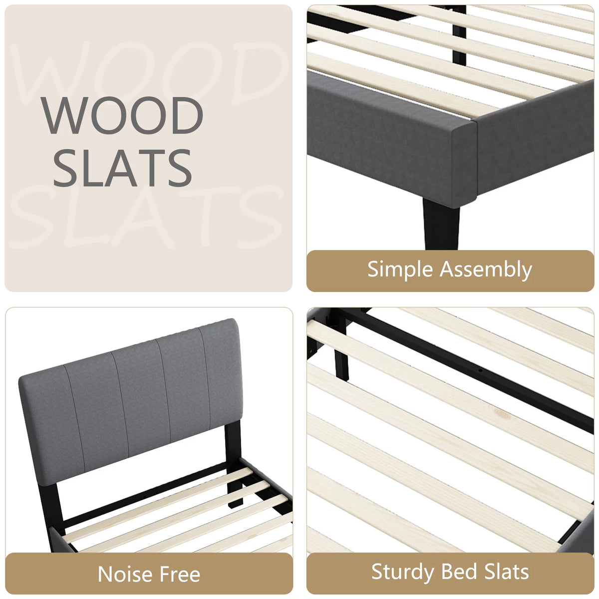 Gray Twin Upholstered Platform Bed Frame with Wood Slat Support C991