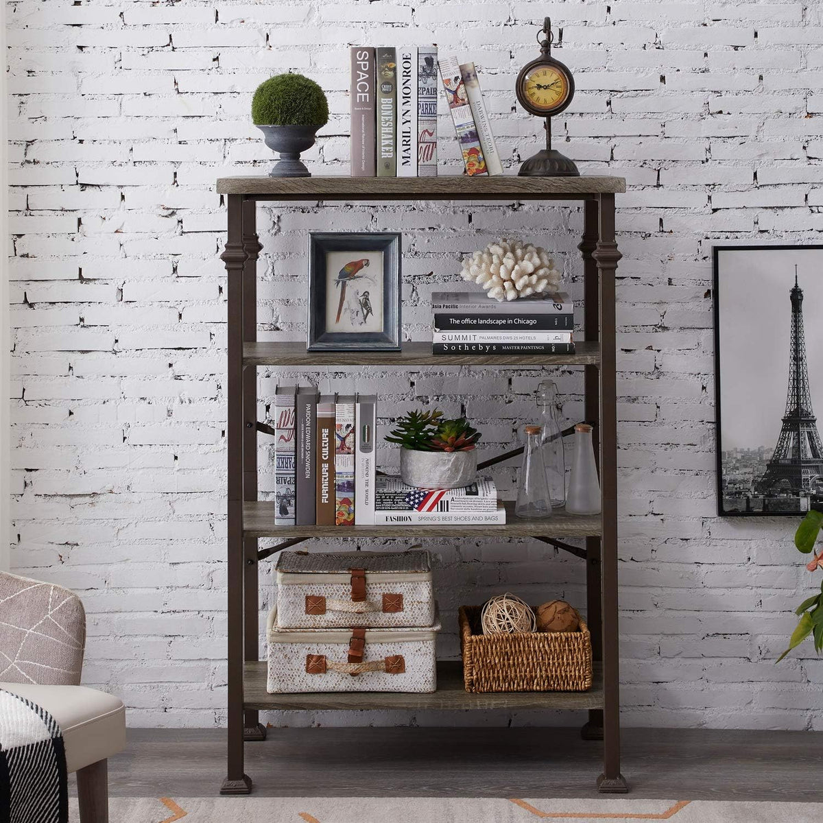 4-Tier Industrial Ladder Shelf Bookcase with Metal Frame N123