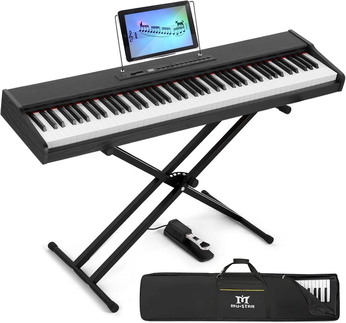 White Digital Piano 88 Weighted Keys with Stand, Bluetooth Connection, Portable Case, Sustain Pedal N4338