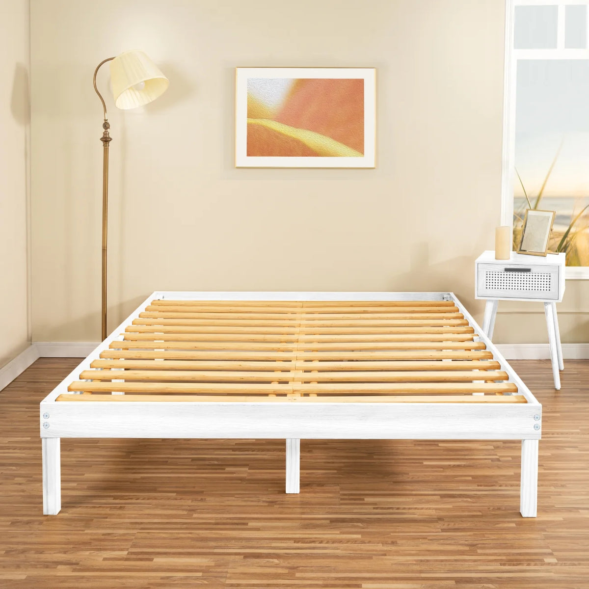 14 Inch King Solid Wood Platform Bed Frame with Wooden Slats, White V770630