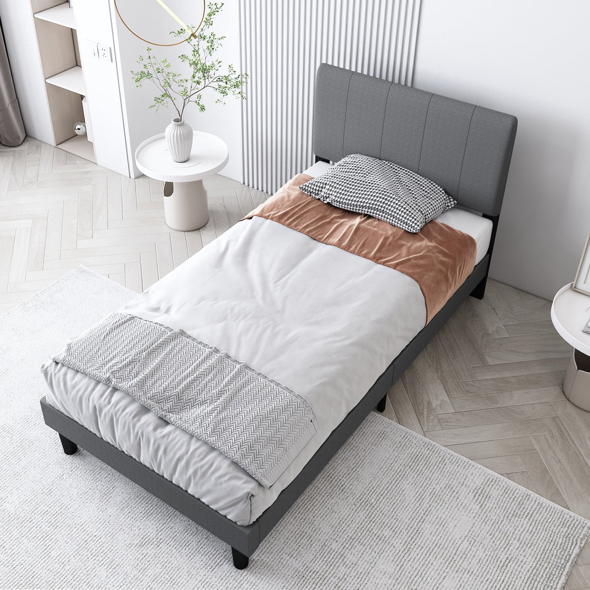 Gray Twin Upholstered Platform Bed Frame with Wood Slat Support C991