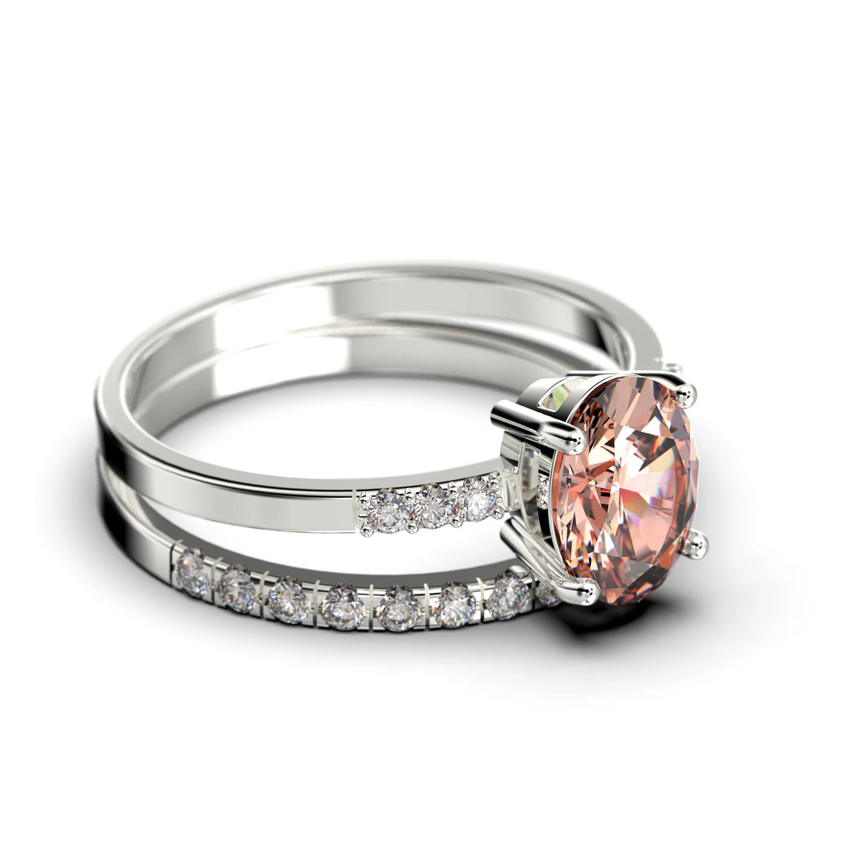 2.00 Carat Oval Cut Morganite And Diamond Moissanite Engagement Ring in 925 Sterling Silver With 18k White Gold Plating D102