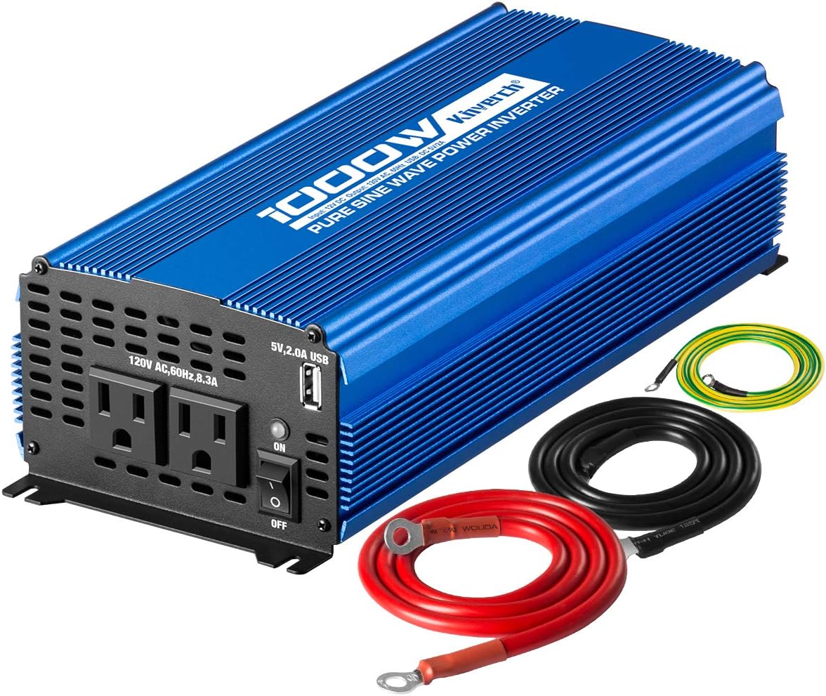 Pure Sine Wave Inverter 1000W DC 12V to AC 110V with Dual AC Outlets & 2A USB Ports X6371