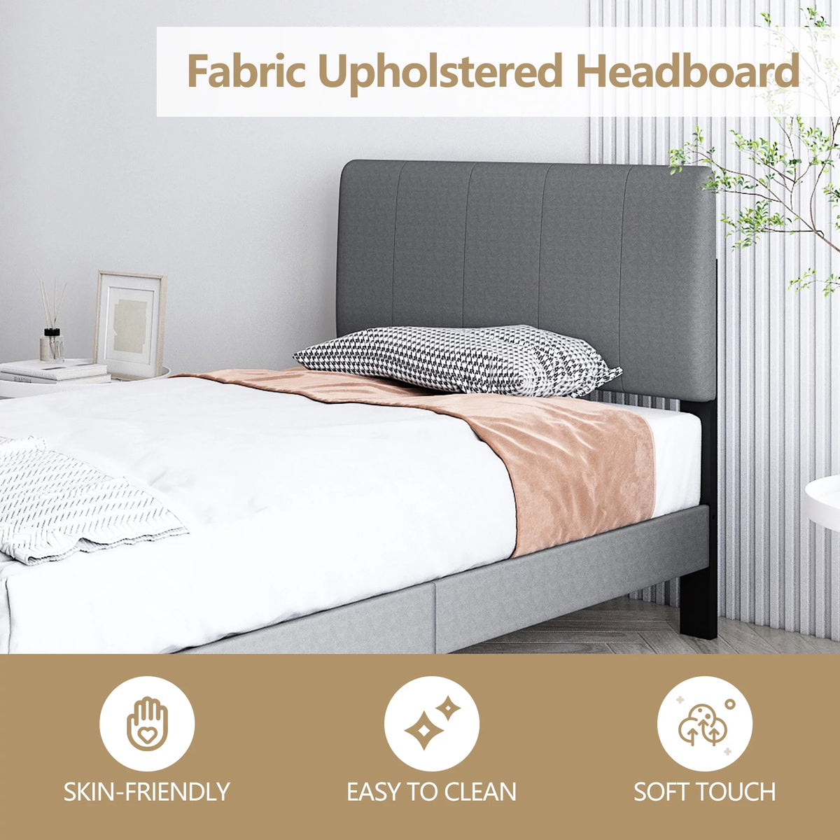 Gray Twin Upholstered Platform Bed Frame with Wood Slat Support C991