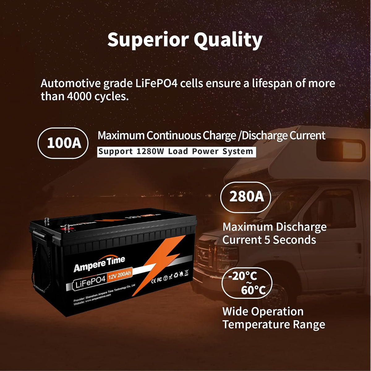 12V 200Ah Lithium Iron LiFePO4 Deep Cycle Battery with 100A BMS F454