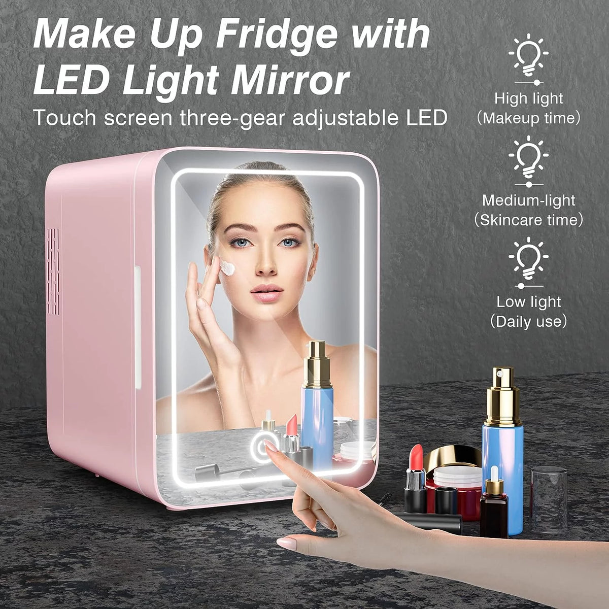 Pink Portable Makeup Skincare Fridge with LED Mirror A487