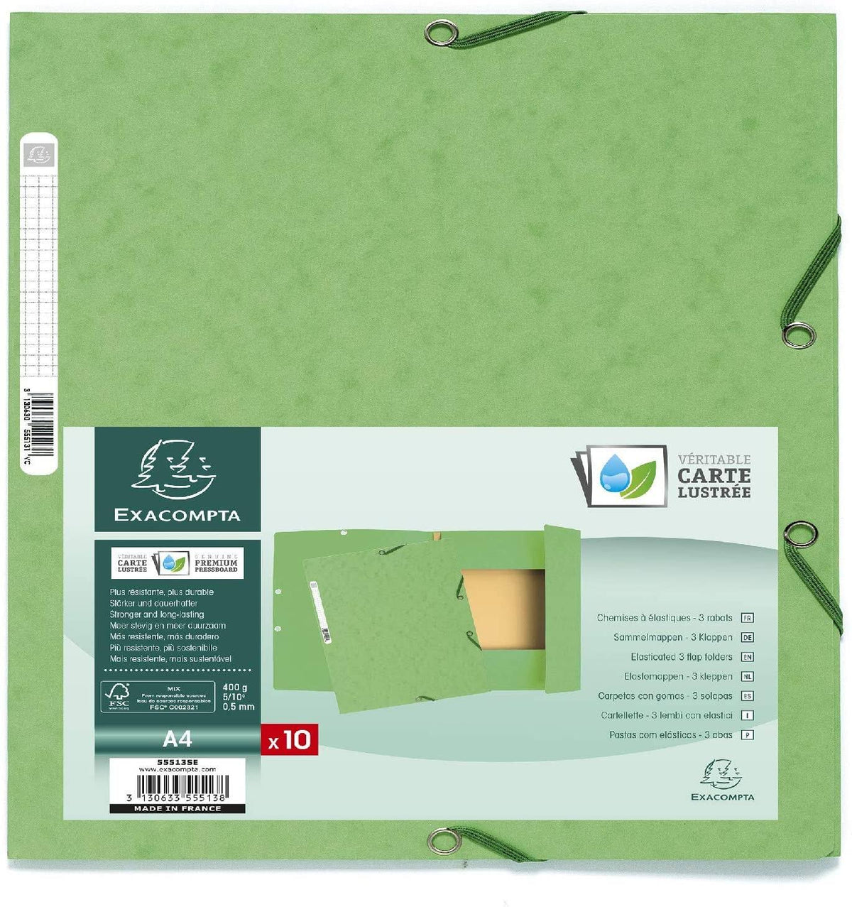 Lime Green Elastic Folders 3 Flaps Glossy Card 400 GSM A4 Pack of 10 A296