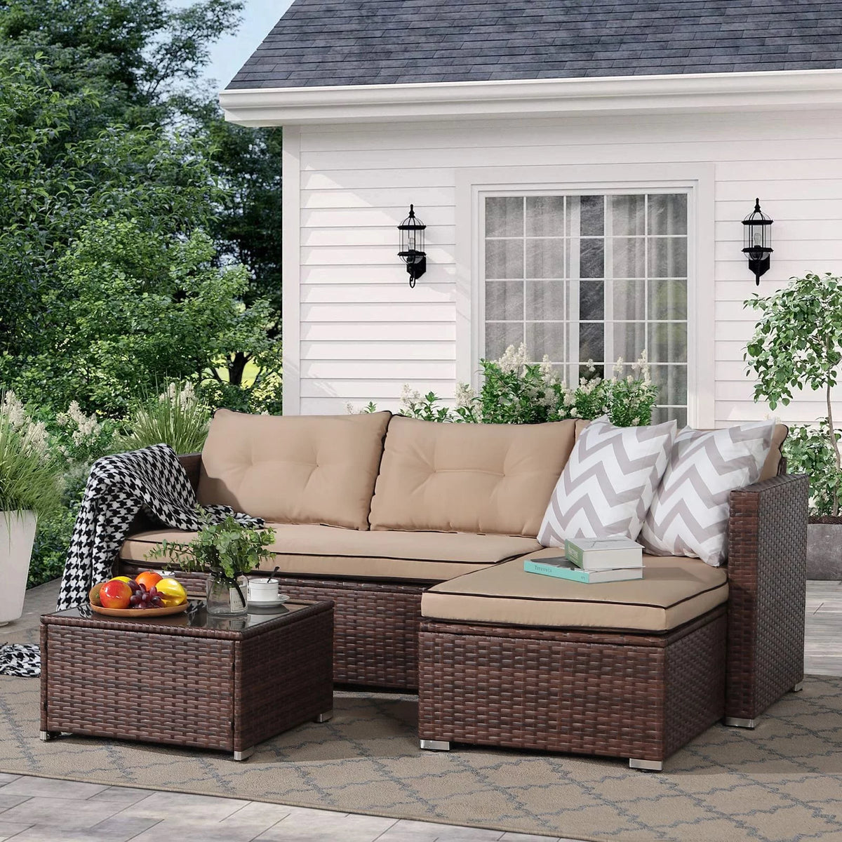 5-Piece Grey Rattan Outdoor Sectional Sofa Set with Glass Coffee Table G77183