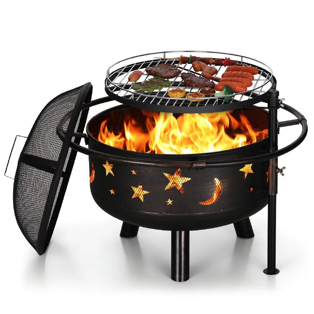 30 2 in 1 Wood Burning Fire Pit with Cover, Poker, BBQ Net - Black Q4112