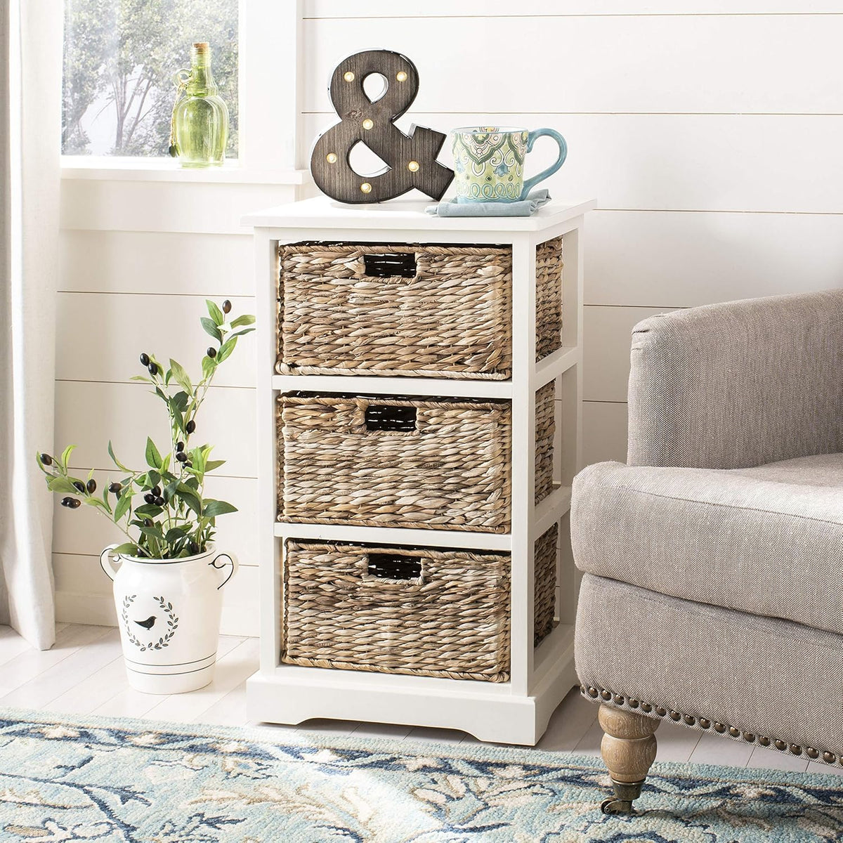Distressed Black Wicker Basket Storage Side Table Q159716
