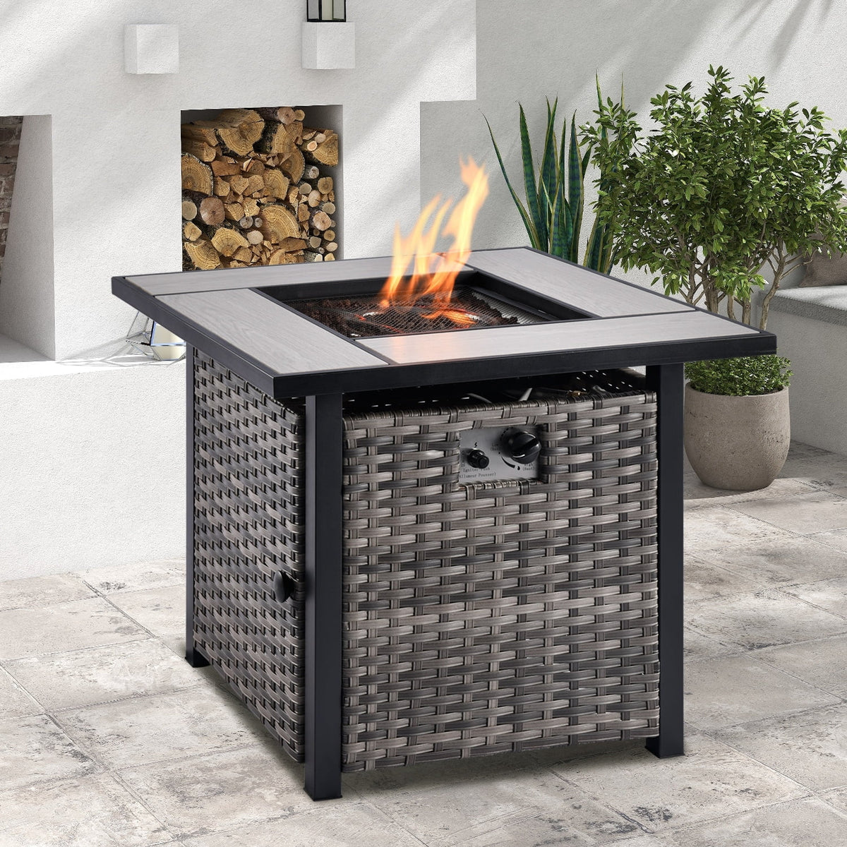 Rattan Wicker 5-piece Patio Furniture Set with Fire Pit Grey M964